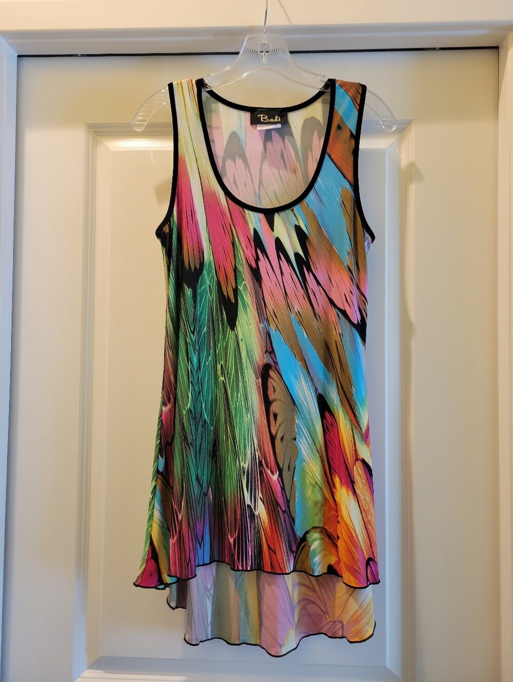 Vintage BALI Size M.Multicolor Feather-Print Sleeveless Dress,